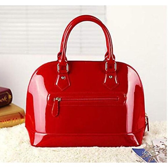 Patent Leather Dome Satchel Purse Black Large Zipper Shoulder Handbag with Multi - Picture 6 of 7